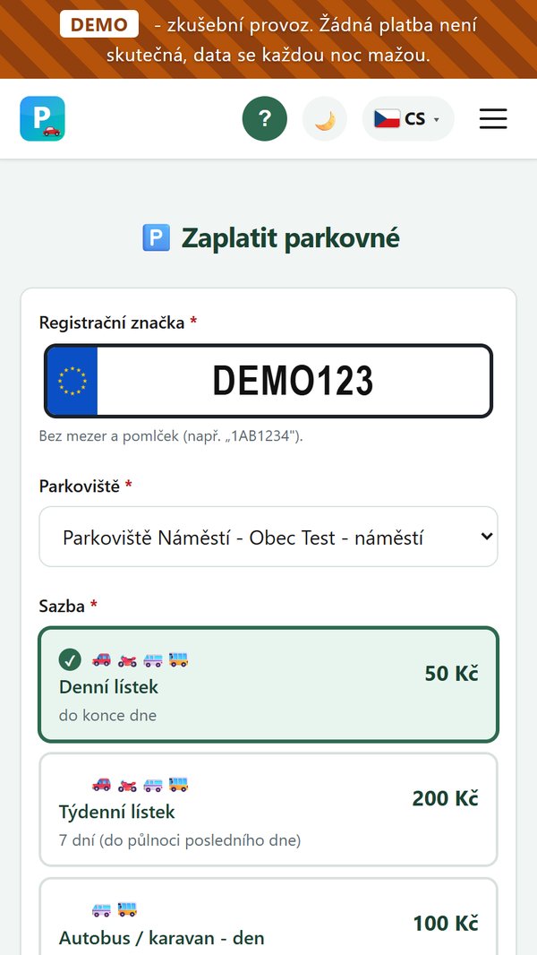 Formulář pro platbu parkovného v mobilu: registrační značka ve stylu SPZ, parkoviště a výběr lístku