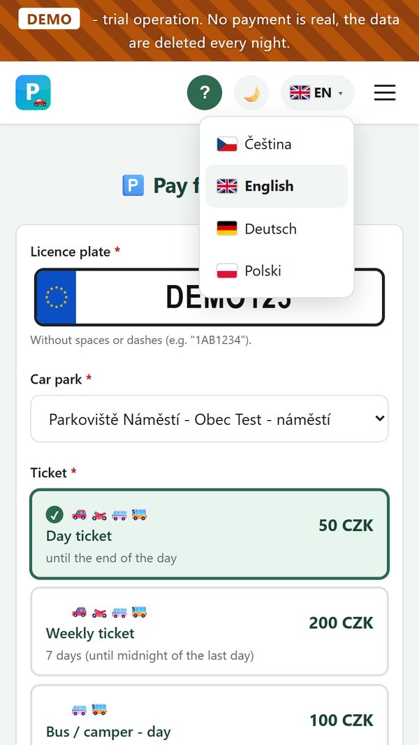 Formulář pro platbu parkovného v angličtině s nabídkou jazyků čeština, angličtina, němčina a polština