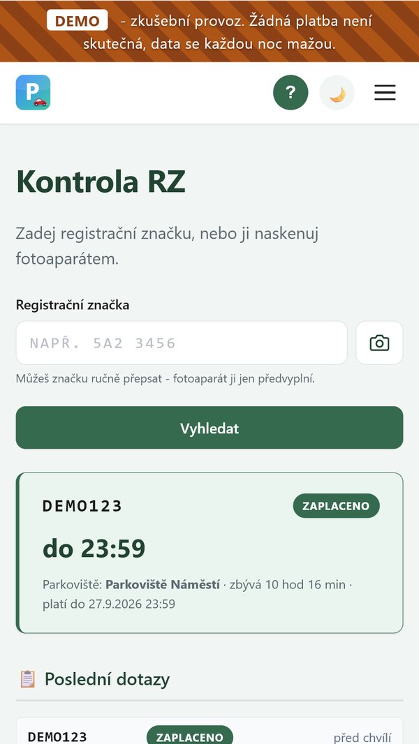 Kontrola registrační značky v terénu se zeleným výsledkem ZAPLACENO